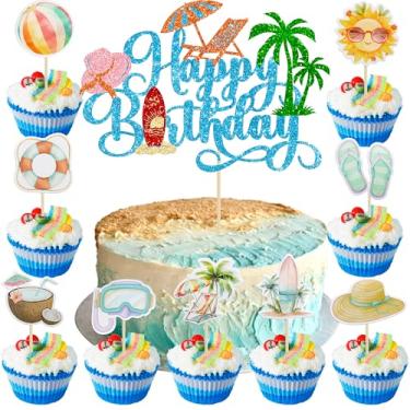 Imagem de Gyufise 37 peças, verão, praia, piscina, cupcake, topos com glitter, praia, feliz aniversário, bola, guarda-sol, pistola de água, palhetas de cupcake para tema tropical do Havaí, decorações de festa