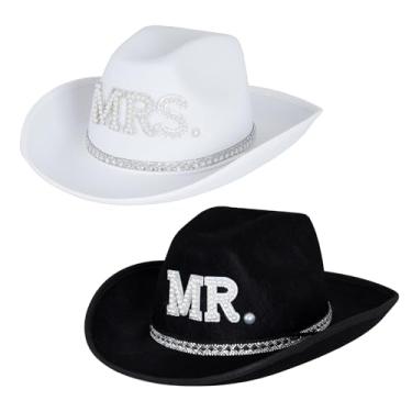 Imagem de baotongle Chapéus de cowboy para noivas e noivos, presentes de casamento para casais, chapéu de cowboy de feltro de strass para mulheres e homens
