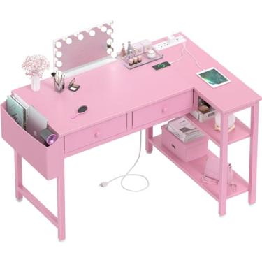 Imagem de DLisiting Mesa rosa reversível em forma de L com gavetas e prateleiras, mesa de computador de PC para crianças pequenas com armazenamento para meninas, mesas de canto em forma de L para quarto pequeno