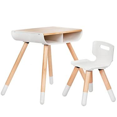Imagem de WeeSprout Conjunto de mesa e cadeira para crianças, pernas de madeira maciça resistente + superfície de mesa, altura ajustável, armazenamento embutido, montagem sem ferramentas, design moderno, para artes e artesanato infantis, lanches, deveres de casa e brincadeiras