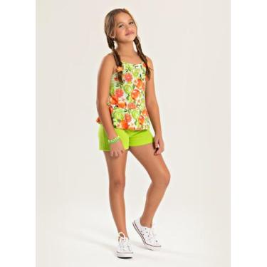 Imagem de Conjunto Verão Menina Verde Regata com Babado e Shorts Frutas tropicai