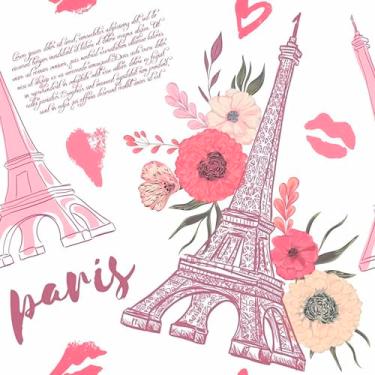 Imagem de Papel De Parede Adesivo Floral Paris Torre Eiffel Rosa 12m