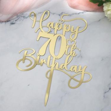 Imagem de Ruscalin Topo de bolo de feliz aniversário de 70 anos, topo de acrílico dourado espelhado para comemorações aos 70 anos, ideias de decoração de festa de aniversário/aniversário, lembrança perfeita