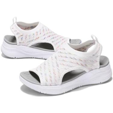 Imagem de GoodValue Sandália feminina ortopédica confortável com suporte de arco para caminhada, esportiva, bico aberto, plataforma para fascite plantar, salto de 5 cm, Branco colorido, 35