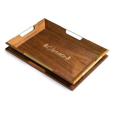 Imagem de Bandeja de servir pequena de madeira de acácia Curate com alças para mesa de café, café da manhã e jantar, bandeja de servir de madeira decorativa rústica para cozinha, jantar e tábuas de charcutaria