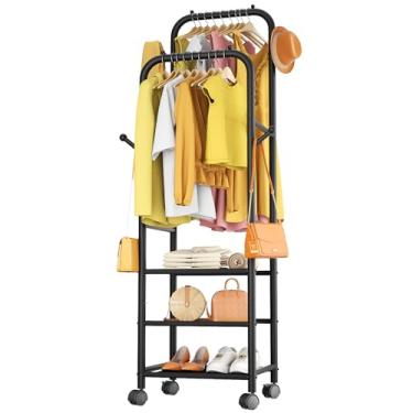 Imagem de Furologee Suporte para roupas com hastes duplas com rodas, suporte para pendurar roupas, cabideiro de metal, portátil, suporte de casaco resistente para quarto, lavanderia, sala de estar, preto