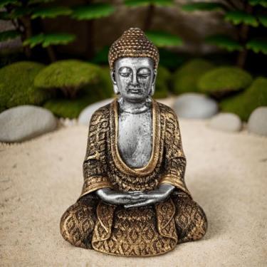 Imagem de Buda Hindu Tailandês Deus Da Riqueza E Prosperidade Dourado e prateado 23 cm