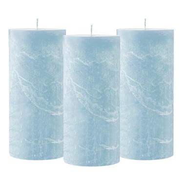 Imagem de Simply Soson Conjunto de 3 velas pilares azuis claras de 7,6 x 15 cm, textura rústica, velas sem perfume, velas sem gotejamento, velas de pilar de 7,6 cm, ideais para casamento, festas, spas, jantar