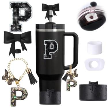 Imagem de Conjunto de 6 peças de acessórios para copos Stanley Pretos, Topper de canudo com laço para Stanley Cup 850 g 1,134 g, incluindo cobertura de palha e bota de silicone com laço, tampas à prova de