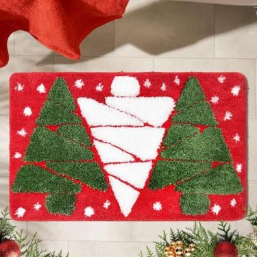 Imagem de Tapetes de banheiro de Natal vermelho decoração de banheiro de Natal tapete de banho antiderrapante tapete de banho absorvente decoração de Natal tapete para pia banheira chuveiro 50,8 x 81,3 cm