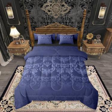 Imagem de Erosebridal Conjunto de edredom gótico casal, 7 peças, cama gótica azul escuro em uma bolsa com lençóis, vintage, damasco, boêmio, boêmio, para meninos e adultos, conjunto de cama de animal floral