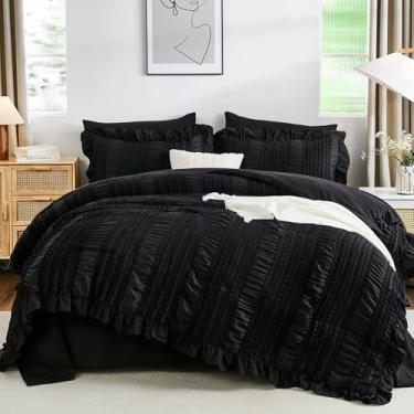 Imagem de WONGS BEDDING Conjunto de edredom solteiro, 6 peças, preto, cama em uma bolsa, com babados, para cama de solteiro, lindo seersucker shabby chique, 213 cm x 152 cm