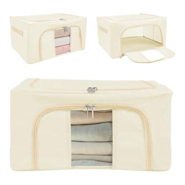 Imagem de 3 caixas de armazenamento de roupas, organizadores de armário empilháveis dobráveis recipientes de armazenamento de pano Oxford com tampa, caixa de armazenamento de roupas com janela transparente e