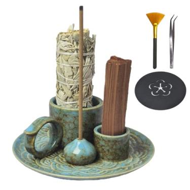Imagem de Fyedroed Suporte 4 em 1 para queimador de incenso para palitos, suporte para palitos Palo Santo, suporte de vela e sálvia para queimar cinzas de cerâmica, bandeja para meditação, ioga, decoração de