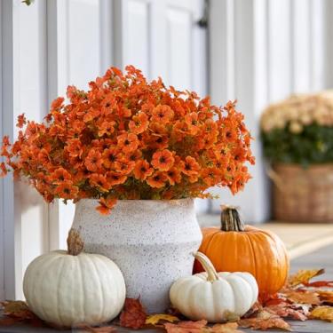 Imagem de Kingsboomy 12 peças de flores artificiais de outono para atividades ao ar livre, plantas falsas, flores coloridas de seda, eucalipto, realistas, resistentes aos raios UV, para decoração externa de