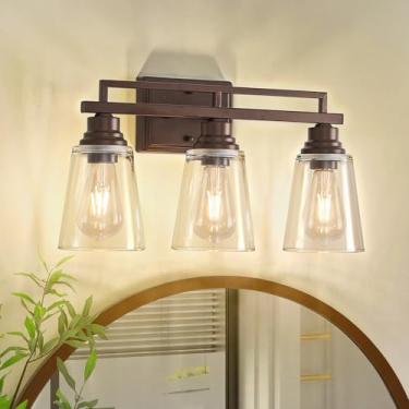 Imagem de Refice Luzes para banheiro, luminárias de banheiro sobre espelho, lâmpadas de parede de 3 luzes vintage com persianas de vidro transparente para espelho, sala de estar, casa de fazenda, corredor