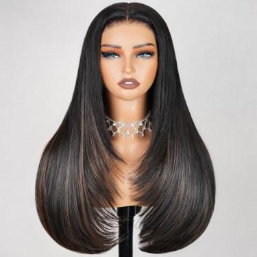 Imagem de TESLAL Peruca de cabelo humano que destaca a mistura de cabelo humano pré-cortado Stragiht Lace 15 x 15 fibra premium da Crafted Technology 60 cm 260% de densidade