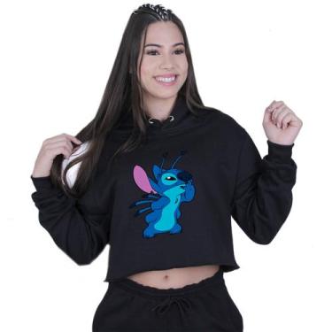Imagem de Cropped Moletom Feminino Lilo Stitch Pensando - Lafre, Preto, G