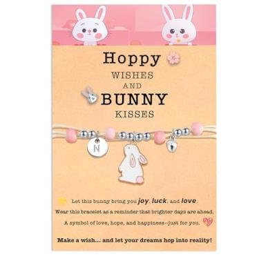 Imagem de JINYRSOC Pulseira personalizada de coelhinho da Páscoa para mulheres e adolescentes, presentes iniciais de Páscoa para ela, pulseira cristã da primeira Páscoa com cartão, ideal para filha, neta,