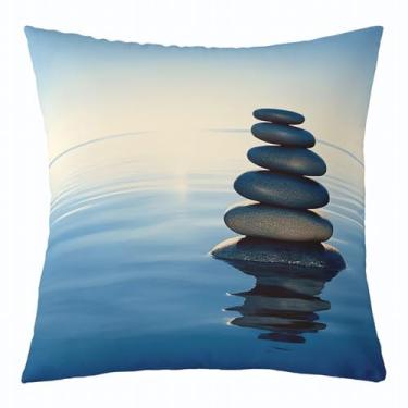Imagem de Feelyou Stone Balance Capas de almofada reversíveis 55 x 55 cm, arte gravitacional, quadradas, conjunto de 1 para meninos, meninas, adolescentes, oceano, fronhas azuis