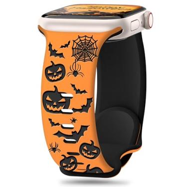 Imagem de Aniaboho Pulseiras femininas e masculinas para Apple Watch de 44 mm, 45 mm, 49 mm, 42 mm e 46 mm, Halloween para Apple Watch séries 10, 9, 8, SE, 7, 6, 5, 4, 3, 2 1, Ultra 2 1 (laranja e preto)