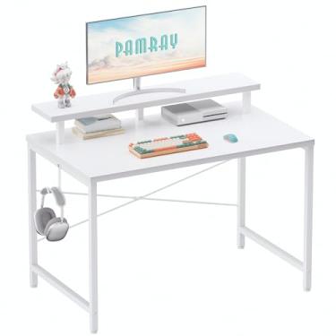 Imagem de Pamray Mesa de computador pequena de 81 cm com suporte para monitor, mesa de escritório simples com gancho de fone de ouvido para espaços pequenos, mesa de estudo infantil para quarto, branca