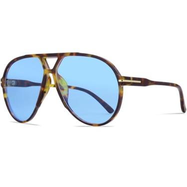 Imagem de Tskestvy Óculos de sol aviador retrô grandes para mulheres e homens, lentes coloridas grandes, modernas, vintage, designer dos anos 70, sem emaranhamento, Armação de leopardo/lente azul, one size fits