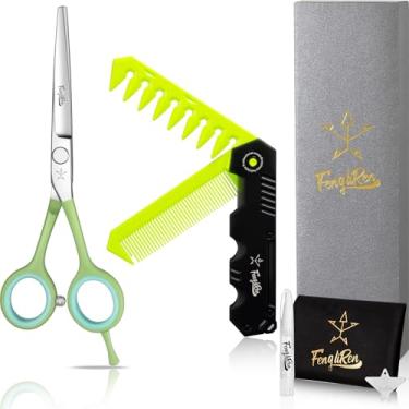 Imagem de Fengliren Tesoura profissional afiada para corte de cabelo de barbeiro, tesoura de cabeleireiro de 14 cm, feita de aço inoxidável para salão de cabeleireiro e uso doméstico (verde)