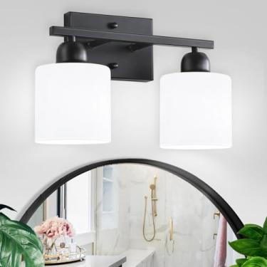Imagem de 2 luminárias pretas claras para banheiro, luzes modernas de banheiro com persianas de vidro fosco branco leitoso para espelho, sala de estar, quarto, corredor, base E26