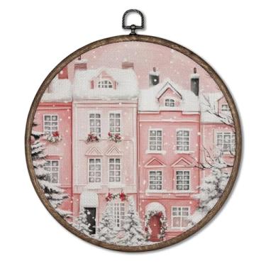 Imagem de Giosve Pôster emoldurado em tela de parede redonda de Natal rosa para inverno, vila de inverno, na moda, esculturas de parede penduradas para decoração de quarto feminino, 25 x 25 cm