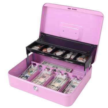 Imagem de Jssmst Caixa de dinheiro de metal com trava de segurança com tampa de moeda, 29 cm C x 24 cm L x 9,5 cm A, cofre com trava de chave, roxo claro, SM-CB0517LP