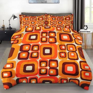 Imagem de Pamnest Conjunto de edredom King, retrô, laranja, 70 anos, para crianças e adultos, conjunto de edredom abstrato marrom amarelo bege com 2 fronhas para decoração de cama de quarto
