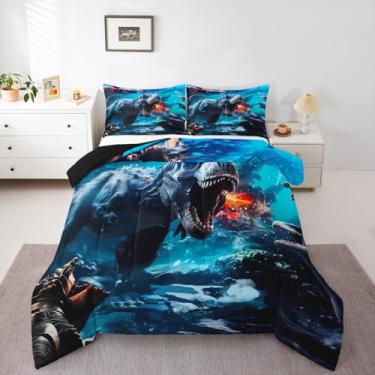 Imagem de Feelyou Jogo de cama com edredom de dinossauro, solteiro, dinossauro, 3D, para mulheres, homens, adolescentes, ultramacio, com fecho de animal selvagem, todas as estações, respirável e leve