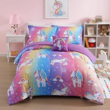 Imagem de Jogo de cama solteiro para meninas e meninos - 3 peças de unicórnio arco-íris para crianças, 1 edredom, 1 fronha e 1 travesseiro decorativo