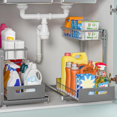 Imagem de Pacote com 2 organizadores Pro embaixo da pia: Organizador de cesta de arame removível de 2 camadas de metal premium, altura ajustável em forma de L, fácil instalação | Organizadores de armários de