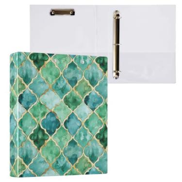 Imagem de Fichário de 3 anéis de azulejo marroquino verde-azulado e dourado, fichário decorativo de 3,8 cm com prancheta e 3 bolsos transparentes, comporta 200 folhas de papel tamanho A4 fichários à prova