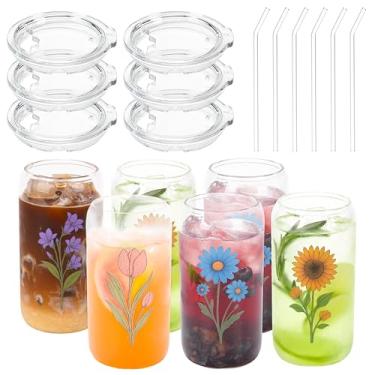Imagem de Copo de vidro de 473 ml com tampa Tritan e canudo conjunto de 6 peças copo de café gelado bonito copo de vidro estético com design de flor, presente ideal para mulheres, aniversário, Natal, copos de