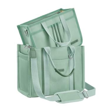 Imagem de BESBESME Bolsa feminina de lona com zíper e compartimentos – Bolsa tiracolo tiracolo com vários bolsos para laptop, Verde claro, Large, Organizador destacável