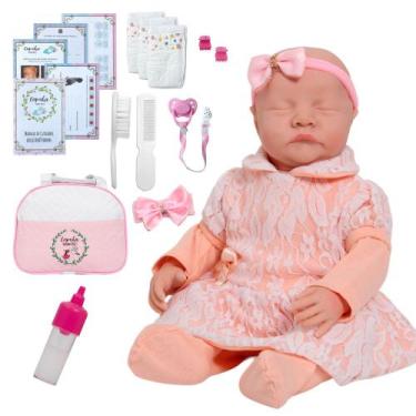 Imagem de Bebê Reborn Menina Corpo de Vinil Vestido Salmão + Kit Itens - Cegonha