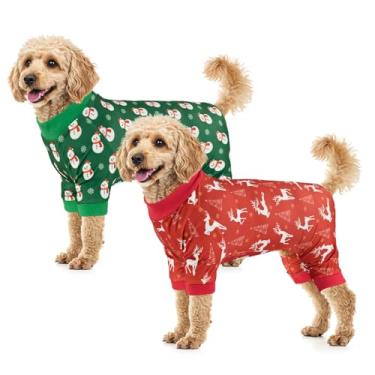 Imagem de Vehomy Pacote com 2 pijamas natalinos para cães com estampa de boneco de neve com estampa de alce de boneco de neve, macacão para cachorro, pijama, roupas elásticas, roupas confortáveis, roupas para