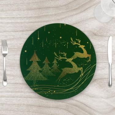 Imagem de Sousplat 35cm Natal Pinheiros e Rena Verde com base MDF - Kit com 4 - 