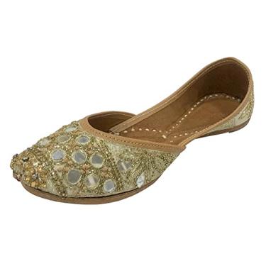 Imagem de Step n Style Designer feminino creme dourado paquistanês juti punjabi jutti étnico mojari feito à mão Khussa, Ouro creme, 35