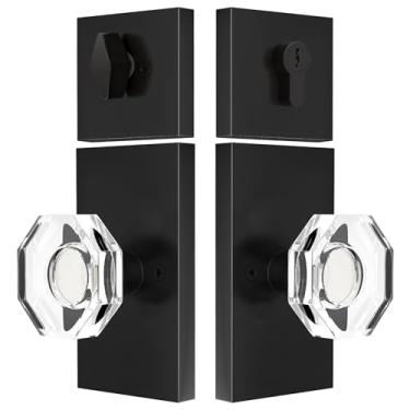Imagem de SHINY HANDLES Conjunto de fechadura de porta externa, maçaneta de porta de vidro octogonal com fechadura de cilindro único, fechaduras de entrada de cristal preto fosco com chave semelhante