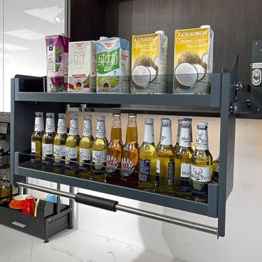 Imagem de Organizador de armazenamento de armário de cozinha de 2 camadas com alça antiderrapante, organizador de rack dobrável para armário superior, cesta de armazenamento de elevação de especiarias e pratos