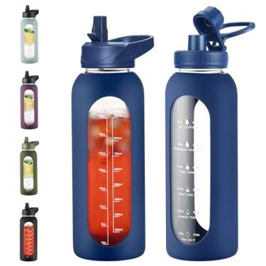 Imagem de EALGRO Garrafa de água de vidro de 1,134 g com canudo e alça, frasco de água motivacional esportivo com manga de silicone, copo de água grande com marcador de tempo para viagens, academia, azul