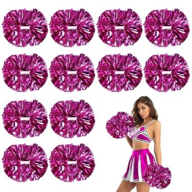 Imagem de 12 pompons de líder de torcida rosa vermelho metálico, pompons de torcida de 30,5 cm com alça de bastão, bola de flores de líder de torcida para jogos esportivos de equipe escolar dança torcida