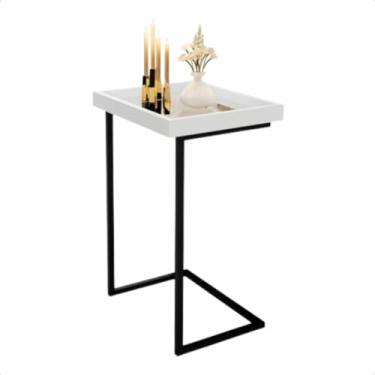 Imagem de Mesa Lateral Espelhada Apoio Sala Sofá com Pés de Ferro Decoração Resistente Elegante e Moderna(Pérola - Preto)