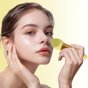 Imagem de 1 pincel de maquiagem de cabeça de cogumelo feminino, maquiagem, base de beleza, esponja de pó com alça, ferramenta cosmética de formato liso, amarelo