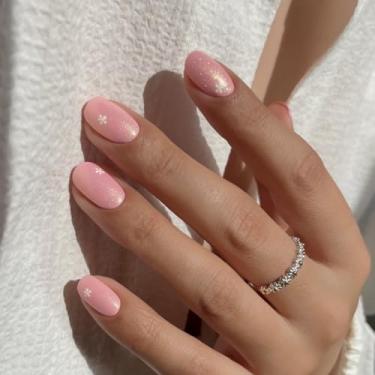 Imagem de Unhas postiças curtas redondas nude rosa com design simples de flor, glitter, cobertura completa, cola em bastão falso artificial em unhas de acrílico para mulheres, casamento, 24 peças