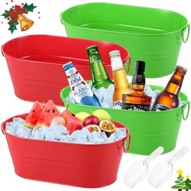 Imagem de Balde de champanhe galvanizado de Natal de 4 peças com alça de transporte, grandes baldes de metal com colheres para bar doméstico cerveja champanhe coquetéis suprimentos de resfriamento (vermelho e